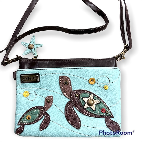Chala Handbags - Chala crossbody bag, Seaturtles Mommy & Baby, Removable strap, aqua blue/brown